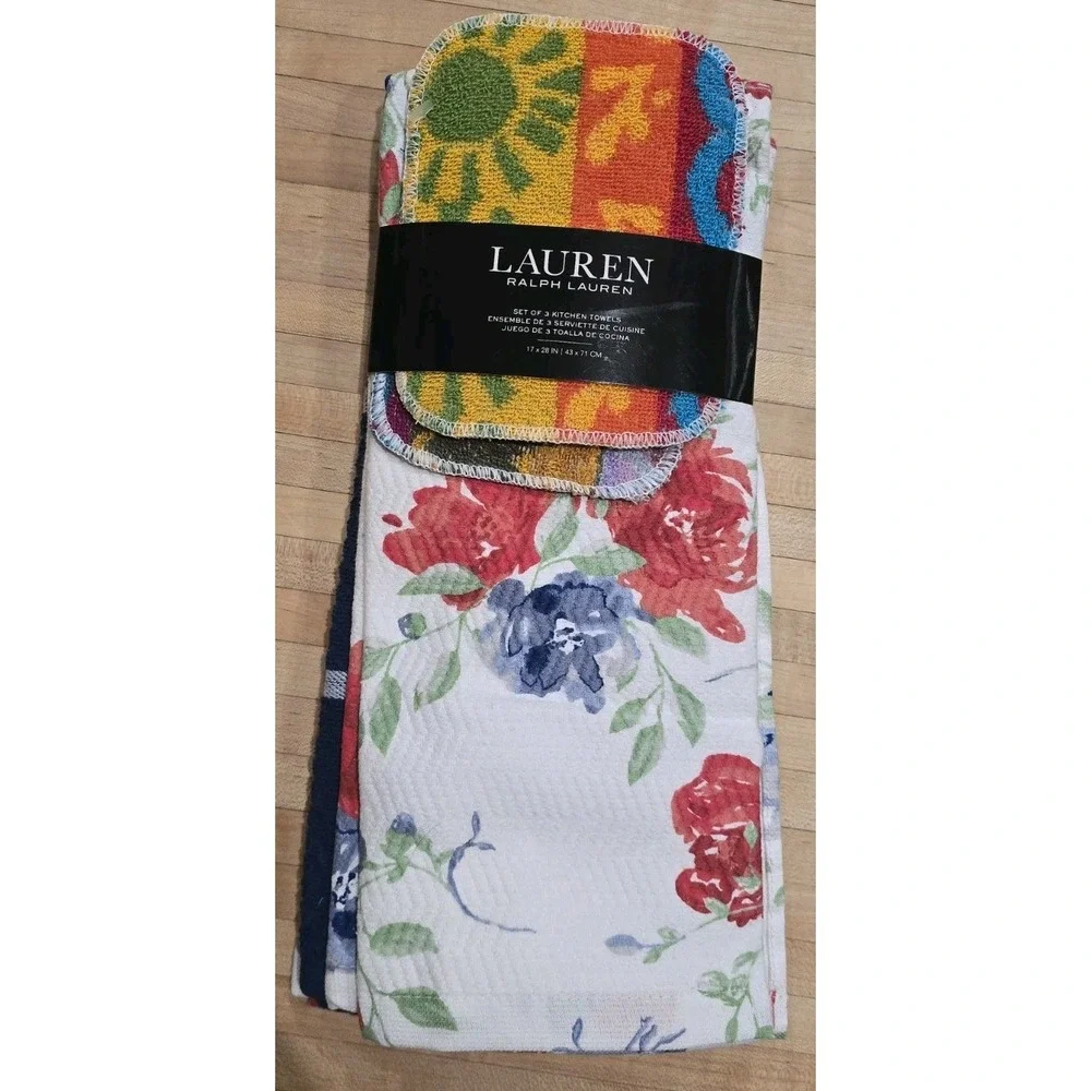 5 Piece Set 3 Ralph Lauren Kitchen Towels 1 Blue‎ Solid 2 Floral 2 Dish Scrubber